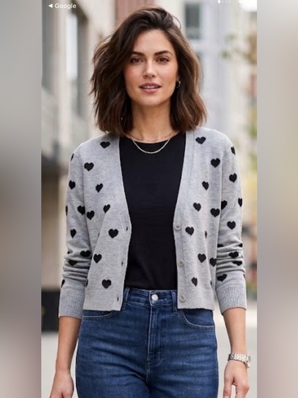 POL Grey Heart Print Cotton Button Front Cardigan Sweater Medium V-Neck Knit